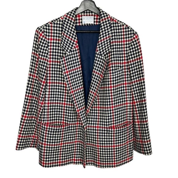 Vintage 80s Pendleton Navy Blue White Red Houndstooth Plaid Wool Blazer 22W - Picture 1 of 9